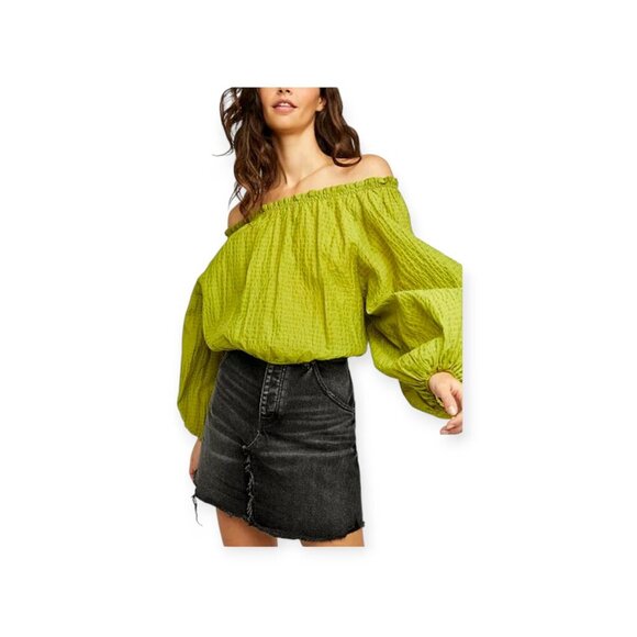 Free People Alicia Top in Lace Fern Green balloon sleeve boho hippie EUC size M - Picture 3 of 12